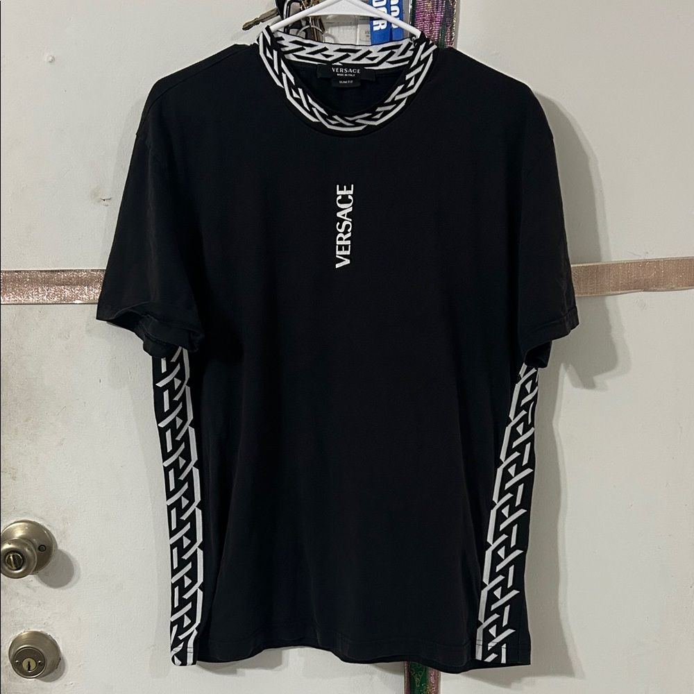 Versace Black Tee with White Geometric Trim